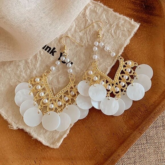 2/$24 Gold & Pearl Drop Earrings With Shell Disc Accents Lightweight - Picture 1 of 10